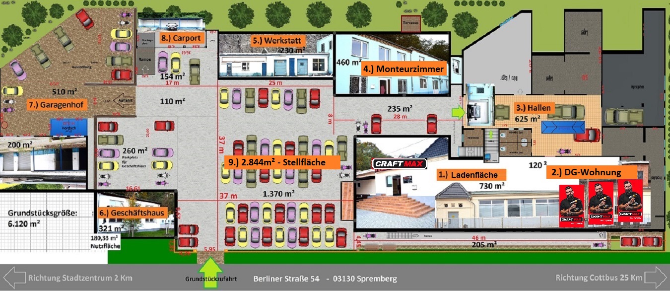 Gewerbezentrum in der Stadt Spremberg mit Fachmarkt, Werkstatt, Büroflächen und Wohnung.