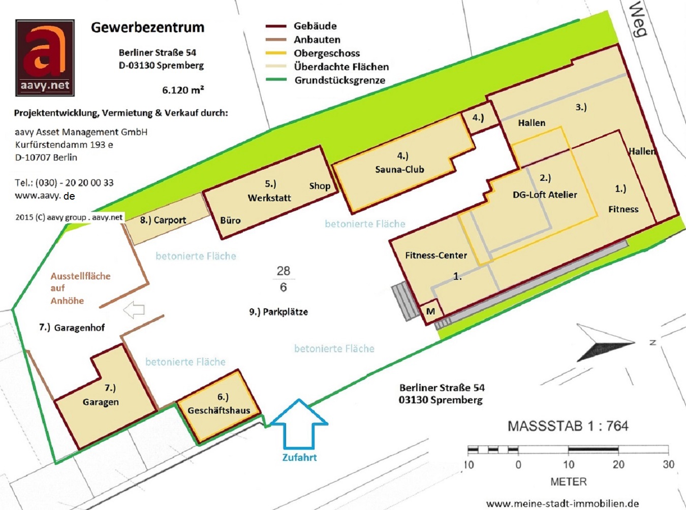 Gewerbezentrum in der Stadt Spremberg mit Fachmarkt, Werkstatt, Büroflächen und Wohnung.